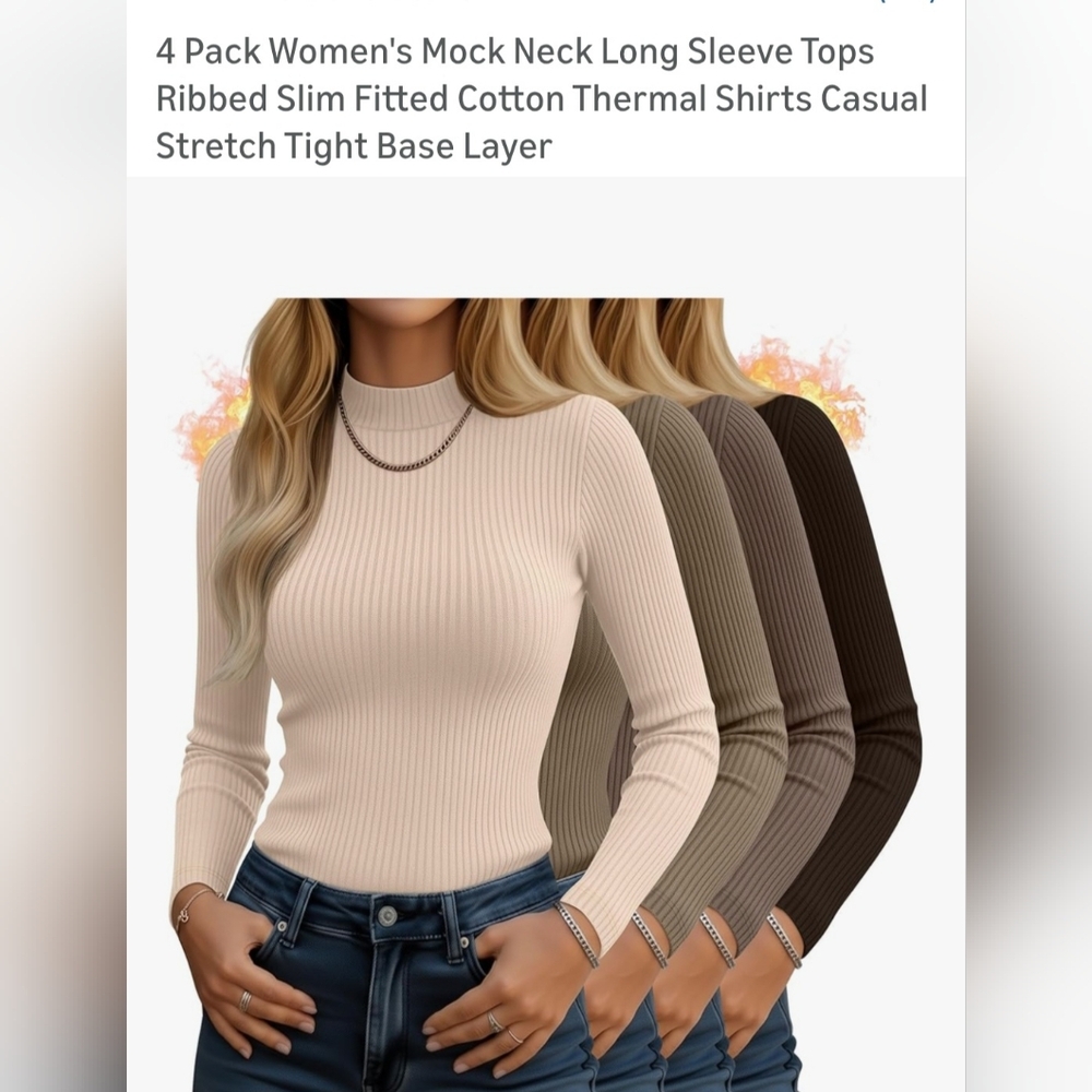 Women's Ribbed Mock Neck Long Sleeve Top - 4 Pack (Neutral Tones)  W-56
